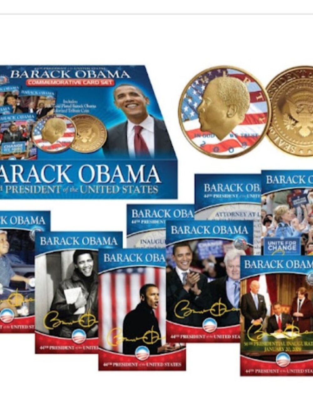 New Barack Obama 2009 24k Gold Plated Colorized Tribute Coin with Fact Cards Set